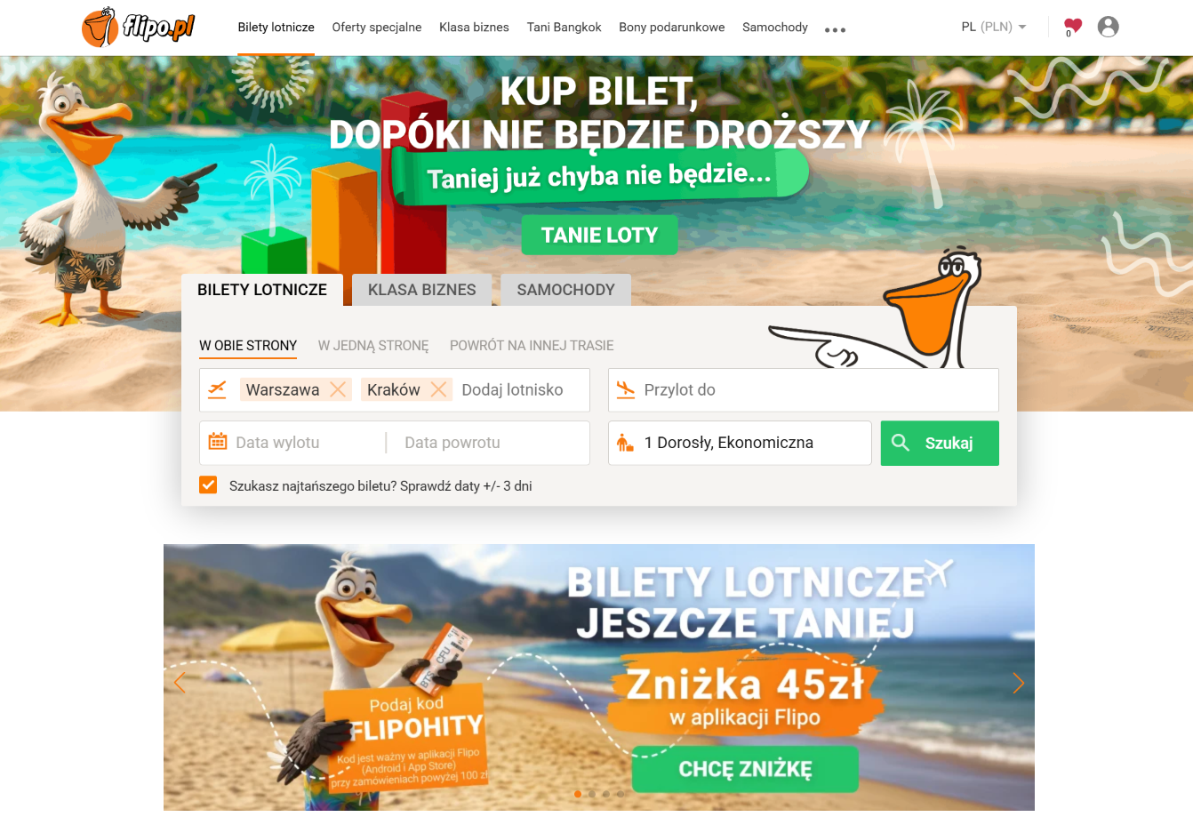Zrzut ekranu polskiej wersji wyszukiwarki tanich lotów Flipo.pl (flipo.pl) — pozycja 11 w rankingu RankingLotów.pl 2026: Prosta, szybka polska porównywarka biletów.