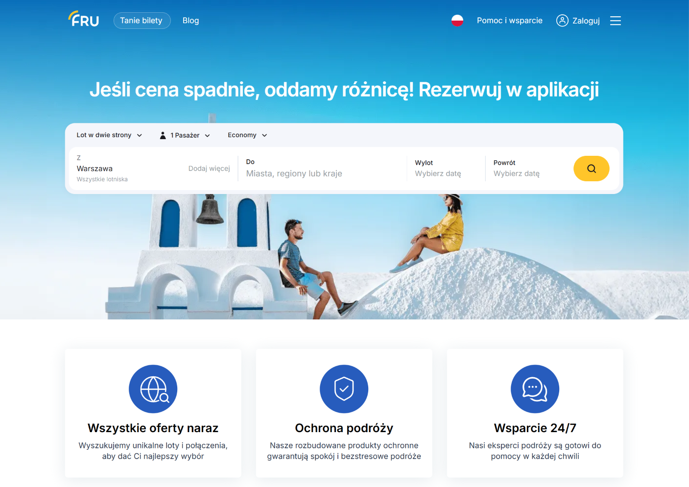 Zrzut ekranu polskiej wersji wyszukiwarki tanich lotów FRU.pl (fru.pl) — pozycja 8 w rankingu RankingLotów.pl 2026: Polski agregator z opcją „Gdziekolwiek” i „Kiedykolwiek”.