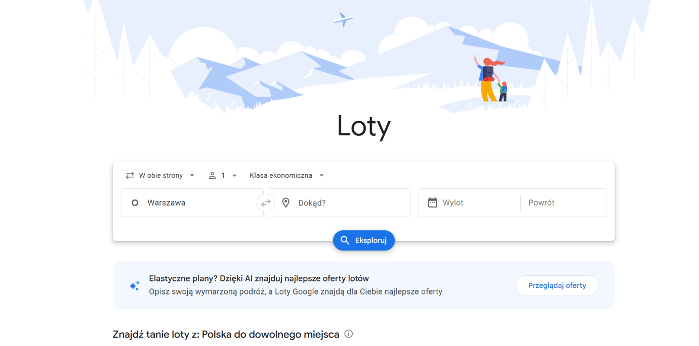 Zrzut ekranu polskiej wersji wyszukiwarki tanich lotów Google Flights (google.com/travel/flights) — pozycja 10 w rankingu RankingLotów.pl 2026: Najszybsza wyszukiwarka z wykresami cen i siatką dat.