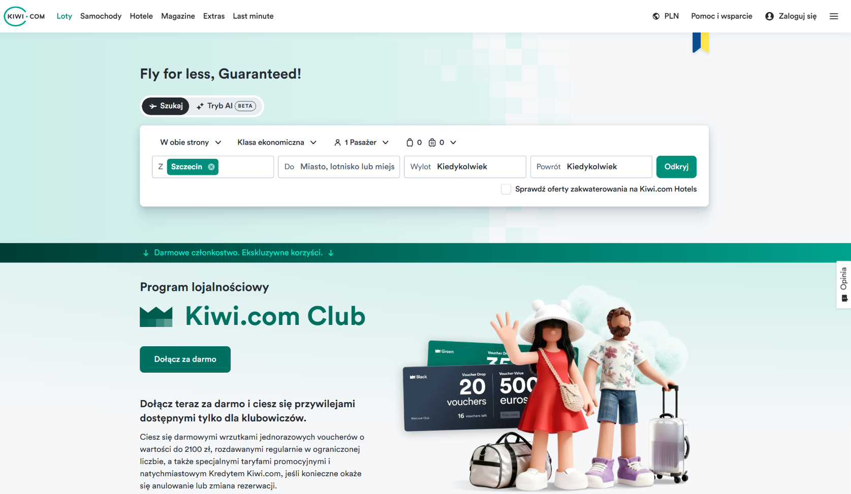 Zrzut ekranu polskiej wersji wyszukiwarki tanich lotów Kiwi.com (kiwi.com) — pozycja 7 w rankingu RankingLotów.pl 2026: Virtual interlining — łączy linie, których inne wyszukiwarki nie łączą.