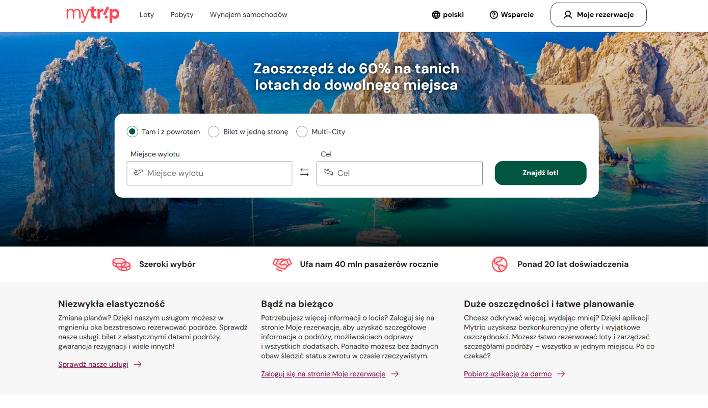 Zrzut ekranu polskiej wersji wyszukiwarki tanich lotów Mytrip (mytrip.com) — pozycja 17 w rankingu RankingLotów.pl 2026: Globalny agent rezerwacyjny z szeroką ofertą linii lotniczych i pakietów podróżnych.