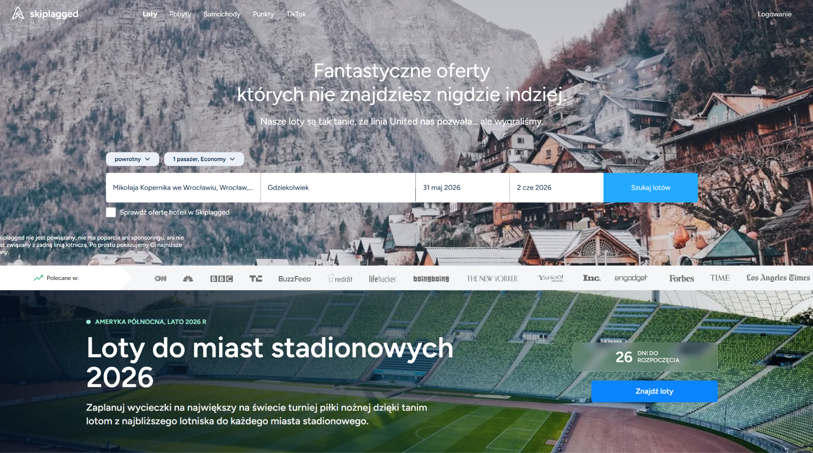 Zrzut ekranu polskiej wersji wyszukiwarki tanich lotów Skiplagged (skiplagged.com) — pozycja 9 w rankingu RankingLotów.pl 2026: Specjalista od hidden city tickets — taniej niż loty bezpośrednie.