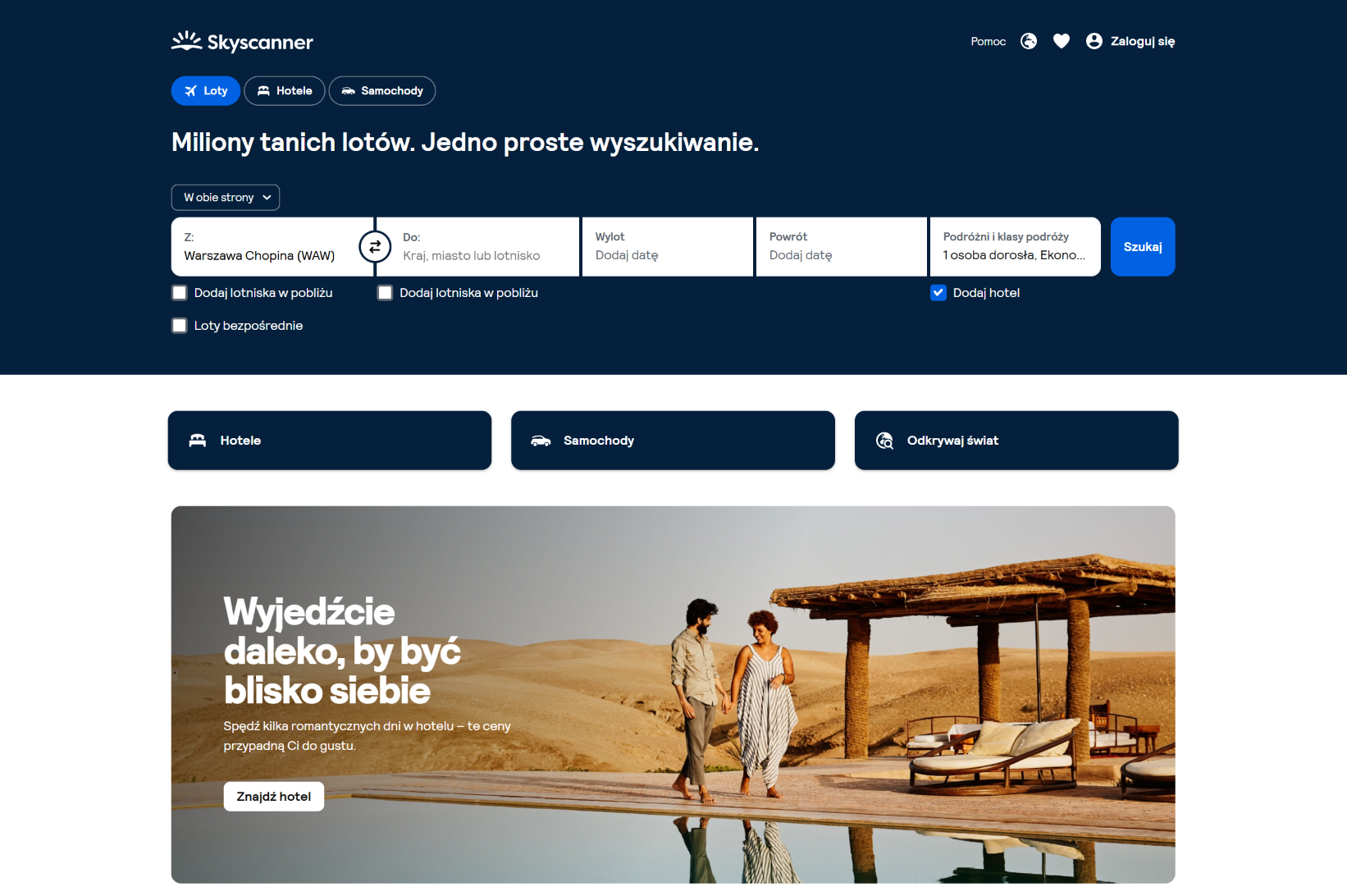 Zrzut ekranu polskiej wersji wyszukiwarki tanich lotów Skyscanner (skyscanner.pl) — pozycja 4 w rankingu RankingLotów.pl 2026: Globalna wyszukiwarka z funkcją „Cały świat” i „Najtańszy miesiąc”.